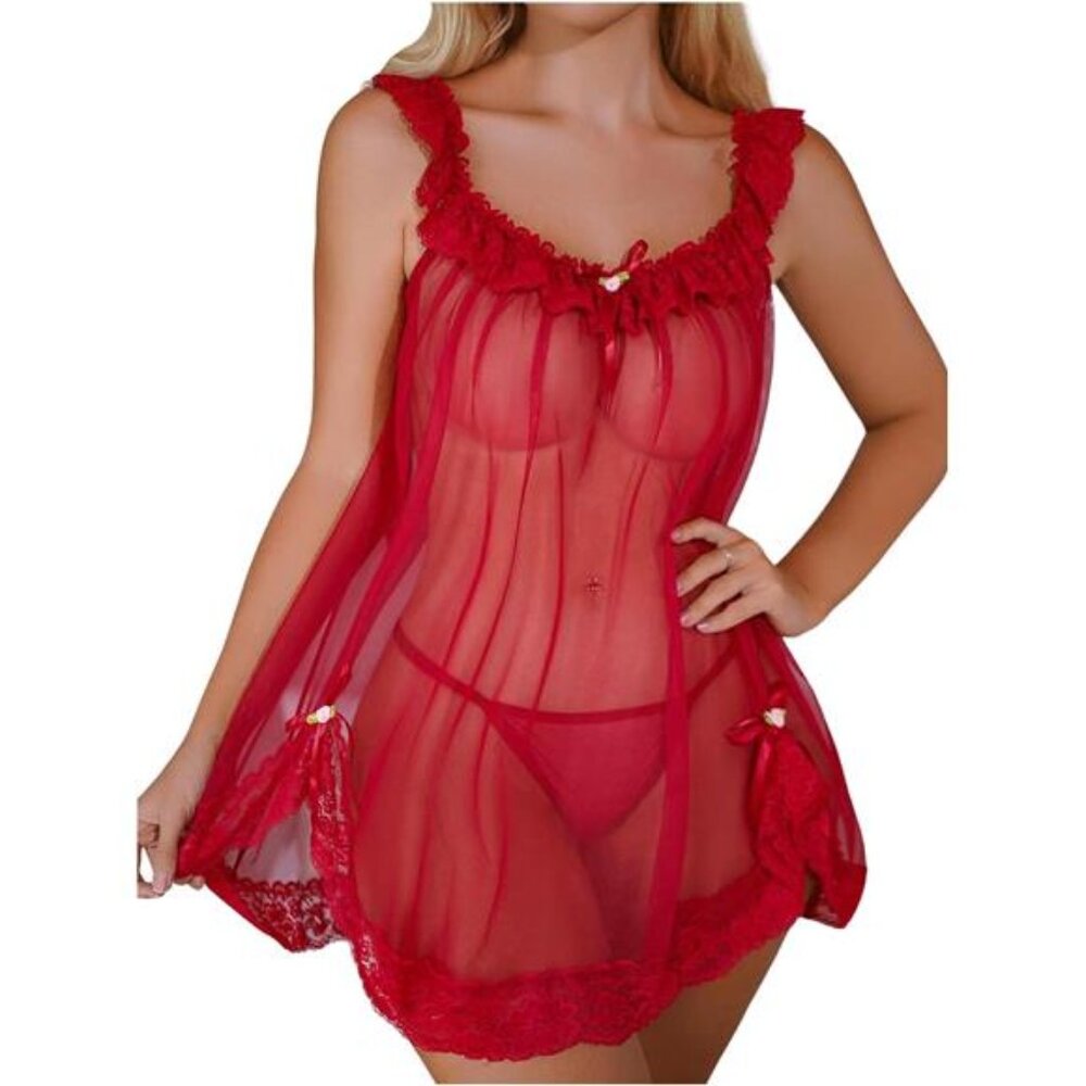 VALENTINE'S DAY Red Lingerie Babydoll Slip Nightie Floral Lace Negligee Large L - Picture 2 of 5